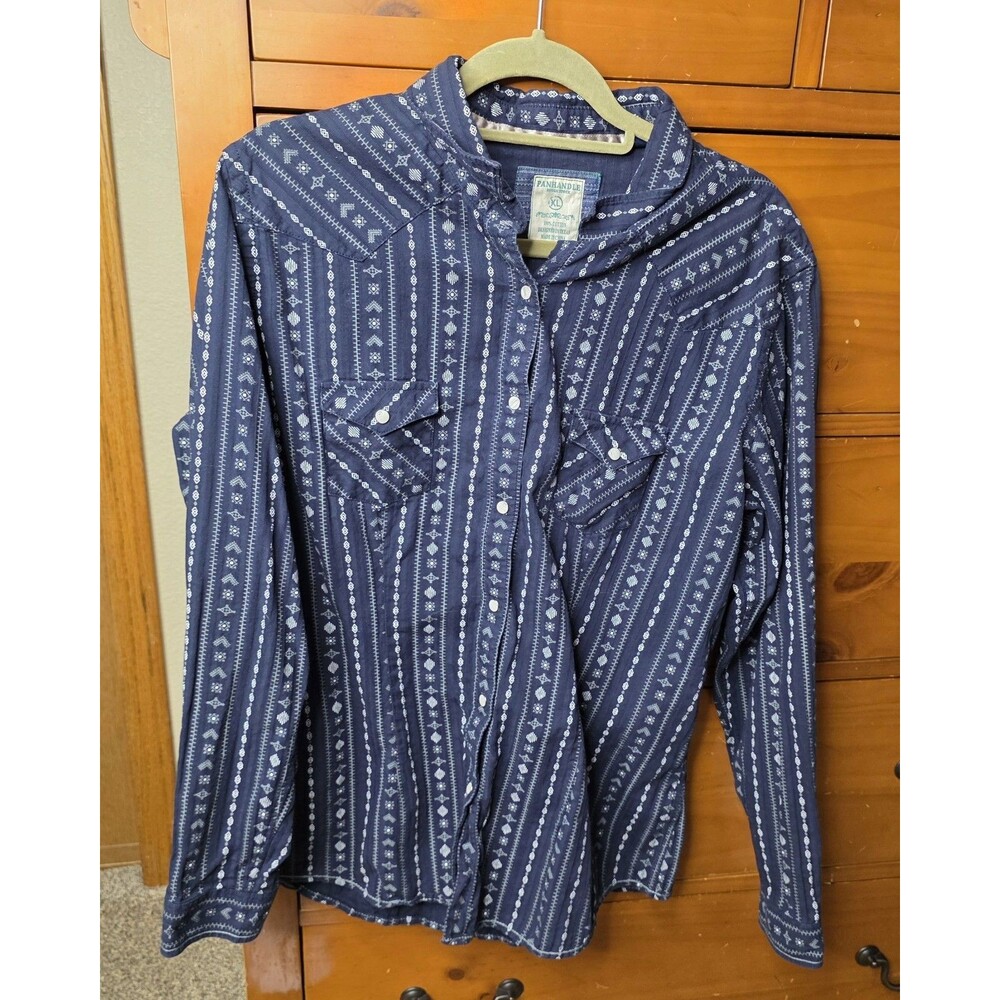 Panhandle Rough Stock Pearl Snap Shirt Size XL Blue Aztec Western Cowboy